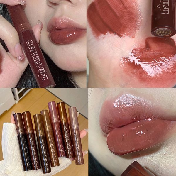 Punk Dark Brown Mirror Water Lip Gloss Red Lip Glaze Transparent Glass Lip Oil Waterproof Liquid Lipstick Nude Clear Tint Makeup Online now