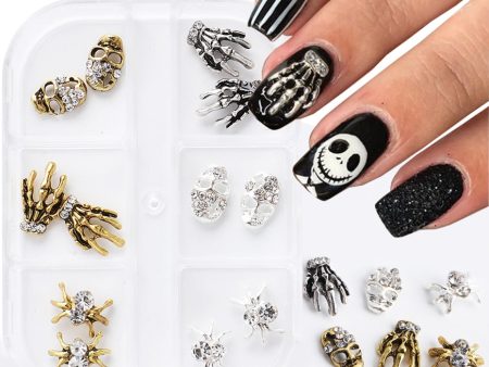 Beyprern Halloween 3D Halloween Nail Art Charms Gold Silver Vintage Skeleton Hand Head Rhinestones Spider Jewelry Metal Manicure Accessories TRYW12 For Cheap