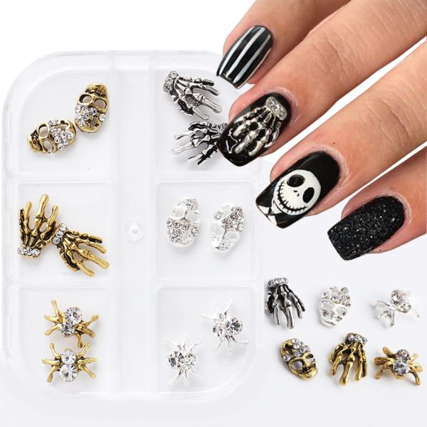 Beyprern Halloween 3D Halloween Nail Art Charms Gold Silver Vintage Skeleton Hand Head Rhinestones Spider Jewelry Metal Manicure Accessories TRYW12 For Cheap