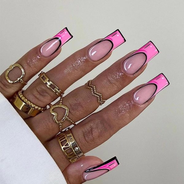 Pink Doodle French Wearable Nail Art Cartoon Style Design Fake Nails Detachable Finished False Nails Press on Nails with Glue Online Hot Sale