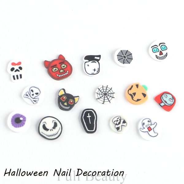 Beyprern Halloween 12Grids Skull Halloween Nail Decoration Pumpkin Cross Ghost Bone Soft Pottery 3D Nail Flake Soft Sheet Nails Accessories TRWSRT Cheap