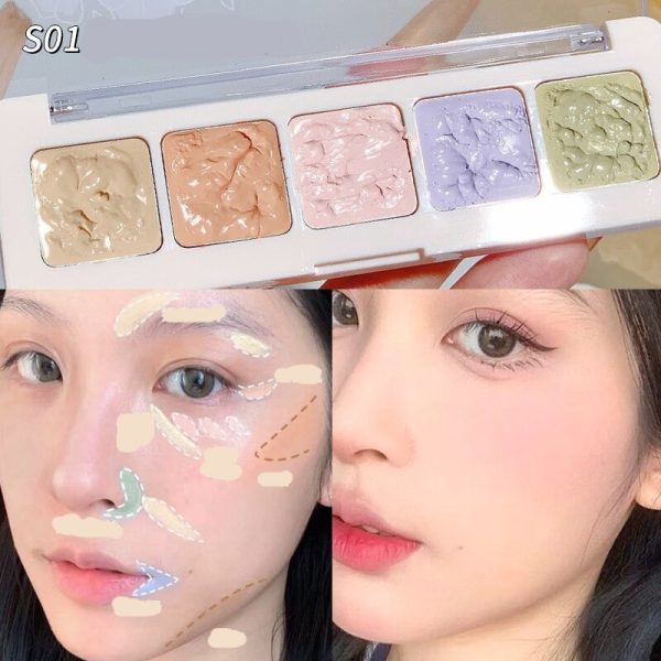 Smooth Five-Color Concealer Palette Full Coverage Waterproof Oil-Free Lightweight Concealer Makeup Brush Brighten Skin Tone Supply