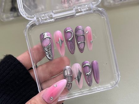 PINK PLANET-TEN PIECES OF HANDCRAFTED PRESS ON NAIL on Sale