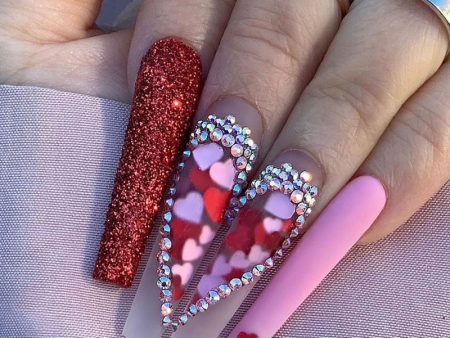 Rhinestones Splicing Heart Long Fake Nails Art Tips Press on Nail False For Extensionfake Nails With Glue Stickers Reusable Set For Discount