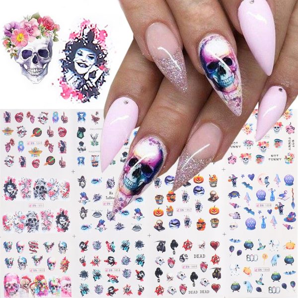 Beyprern Halloween 12Pcs Skull Nail Art Stickers Joker Decal Sliders For Nails Water Tattoo Halloween Decoration Accessories Manicure TRBN1849-1860 on Sale