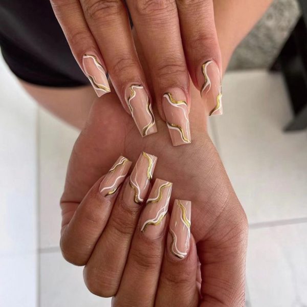 French Ballet False Nails With Gold Foil Glitter Designs Wearable Long Coffin Ballerina Press On Fake Nails Full Cover Nail Tips Online