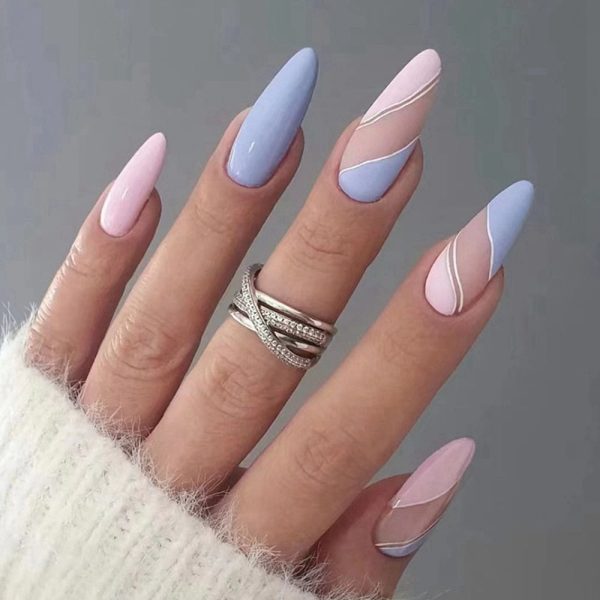 Simple French Wearable False Nails Almond Colorful Stripes Colorblock Design Manicure Fake Nails Line Full Cover Press On Nail Online