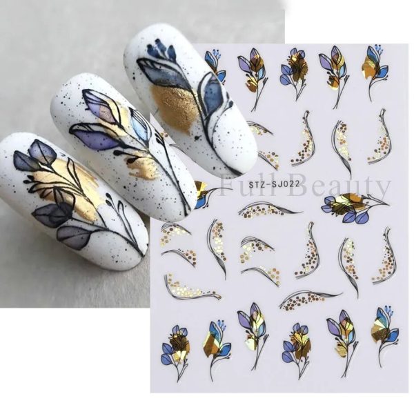 Yeknu - Laser Gold Leaves Nail Sticker Geometry Flowers Butterfly Adhesive Nails Slider Glitter Leaf Spring Manicure Decals FBSTZ-SJ020 Online now