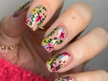 Summer New Square False Nails French Fake Nails With Flower Pattern Designs False Nails Full Cover Detachable Press on Nail Tips Online Sale