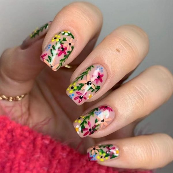 Summer New Square False Nails French Fake Nails With Flower Pattern Designs False Nails Full Cover Detachable Press on Nail Tips Online Sale