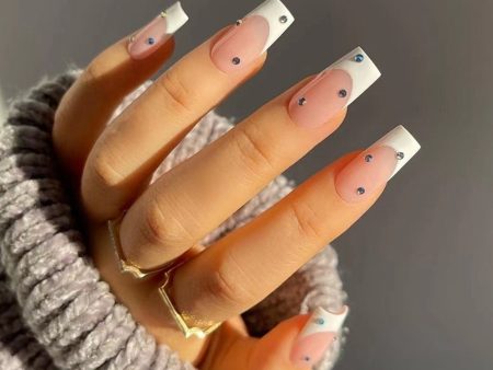 Fake Nails Square 24pcs White French With Rhinestones Artificial Ballerina Nails Manicure Nails Press On Nails False Nails on Sale