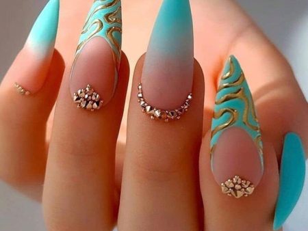 Long Stiletto False Nails Gradient light Green Wearable French Fake Nails Press On Nails Striped Diamond Design Manicure Tips For Sale