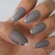 Gray Artificial Matte False Nail Set Full Cover Medium Long Silver Edge Frosted Grey Press On Fake Nails Art Tip With Jelly Glue on Sale