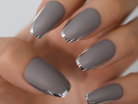 Gray Artificial Matte False Nail Set Full Cover Medium Long Silver Edge Frosted Grey Press On Fake Nails Art Tip With Jelly Glue on Sale