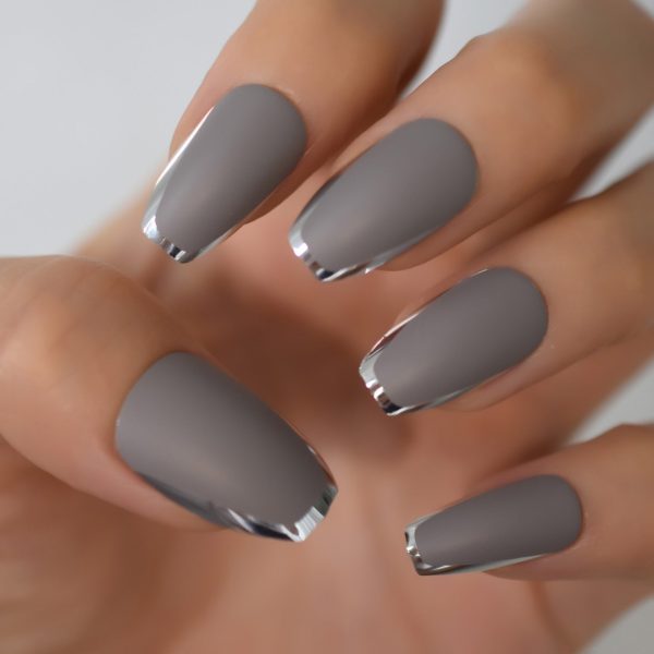 Gray Artificial Matte False Nail Set Full Cover Medium Long Silver Edge Frosted Grey Press On Fake Nails Art Tip With Jelly Glue on Sale