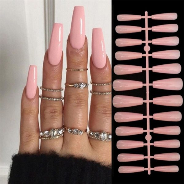 Pink False Nails With Small Flower Design Detachable Long Coffin French Ballerina Fake Nails Full Cover Nail Tips Press On Nails Cheap