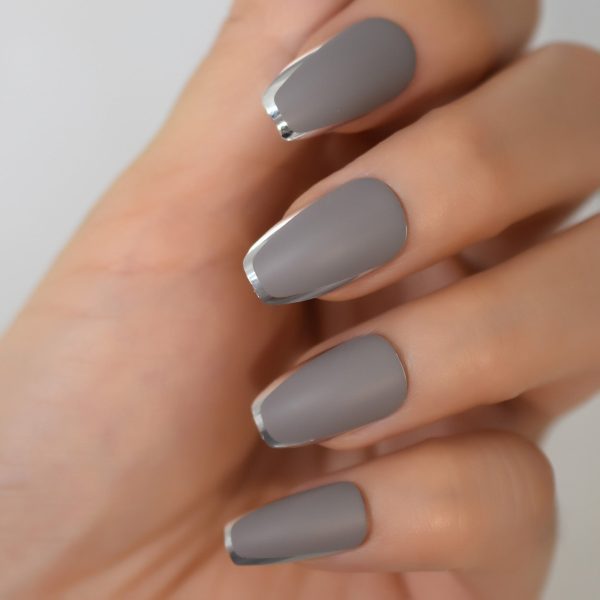 Gray Artificial Matte False Nail Set Full Cover Medium Long Silver Edge Frosted Grey Press On Fake Nails Art Tip With Jelly Glue on Sale