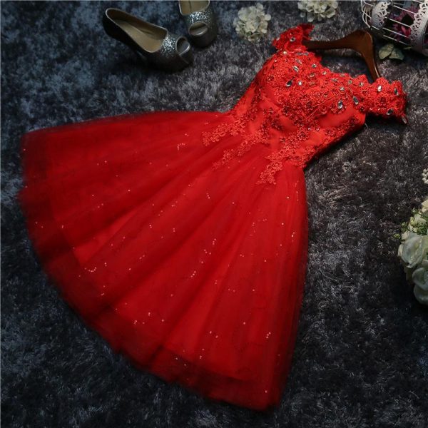 Red Applique Short Evening Dress Discount