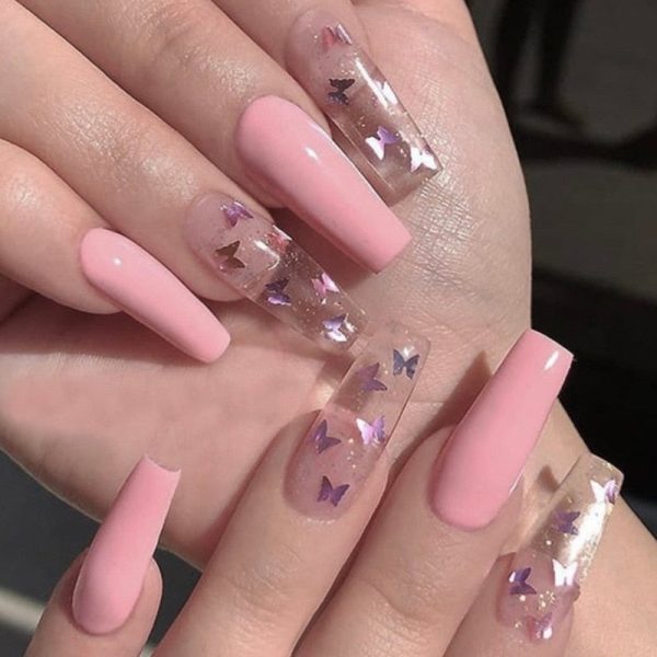 Transparent Ballerina Full Cover False Nail Patches Press on Nails Detachable Coffin Fake Nails with Jelly Glue Butterfly Design For Cheap