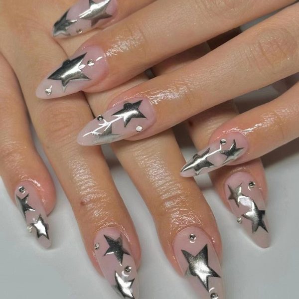 Sweet Cool Silver Stars Rhinestone Wearable Almond Shape Fake Nails Y2K Finished False Nails Press on Nails with Glue Wholesale Online