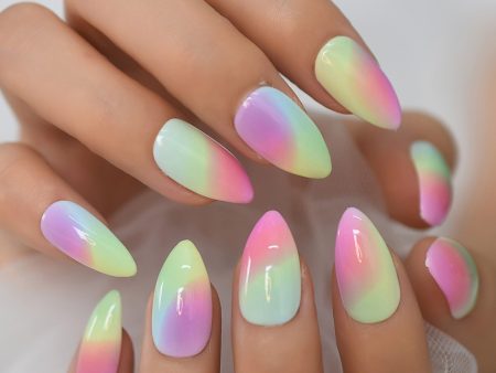 Glossy Gradient Rainbow Ombre French Press on Nails Almond Fake Nails Stiletto Oval Pointed Manicure False Nails Finger Tips Online Sale