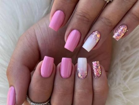 New Fake Nails Art Gel Tips Full Cover 24pcs Pink Shiny Shards With Press Glue Design Clear Short Ballet False Nails Press On For Cheap