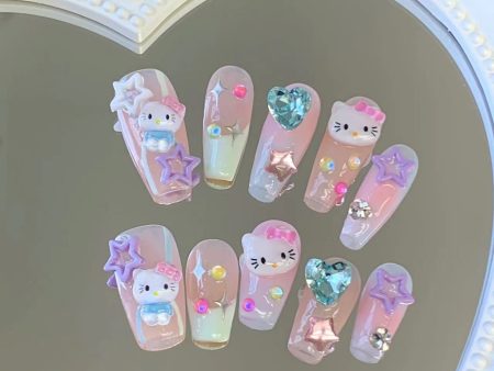 FANTASY KITTY-TEN PIECES OF HANDCRAFTED PRESS ON NAIL Cheap