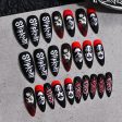 Press on Nails Halloween Medium Length Coffin Black Fake Nails Scary Mask Face Nail Tips Halloween Design 3D Glossy Acylic Nails Online Hot Sale