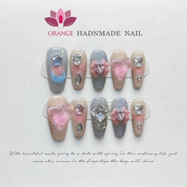 Handmade Korea Press on Nails Coffin Reusable Decoration Fake Nails Full Cover Artificial Manicuree Wearable Orange Nail Store Hot on Sale