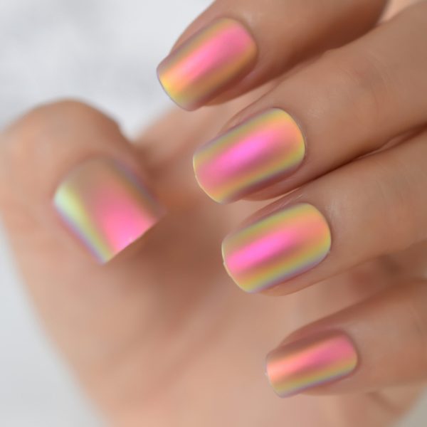 Short Matte Metallic Press On Nails Holographic Multi Color Shiny Squavol False Nails Fake Nails Art Fingernails Manicure Tips Online