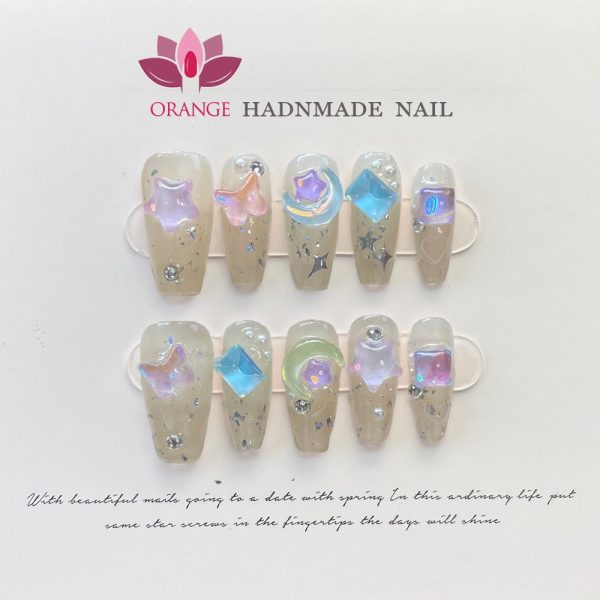 Handmade Beauty Nails Pressed on Design Decoration Fake Nails Design Full Cover Artificial Manicuree Wearable Orange Nail Store Cheap