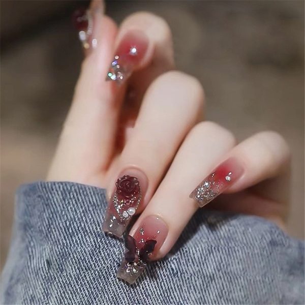 Trendy Crystal 3D Butterfly False Nail Tips Elegant Camellia Ballerina Manicure French Coffin Fake Nails Set Press on Nails Fashion