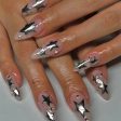 Short Almond Y2k Nails Press On Nail With Black Pentacle Star Designs 24pcs White French False Nails Rhinestone Fake Nail Tips For Sale