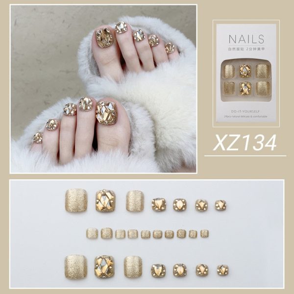 New 2022 Summer Gold Full Diamond Feet Nails Press On Fake Glitter Toe Nail Stickers Full Cover Toe Nail Tips False Foot Nails For Sale