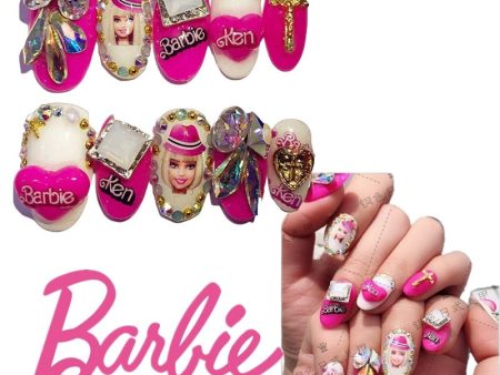 Fashion Women Finished Nails Barbie Series Handmade Manicure Phototherapy Nails Y2K Girls Plush Doll Varieties Nail Patch on Sale