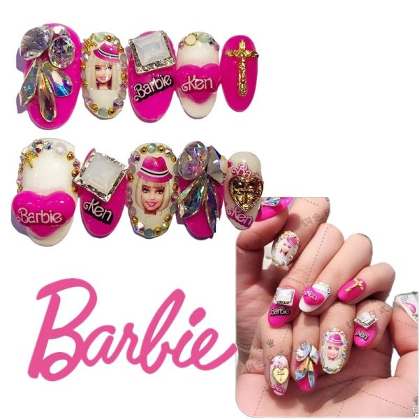 Fashion Women Finished Nails Barbie Series Handmade Manicure Phototherapy Nails Y2K Girls Plush Doll Varieties Nail Patch on Sale