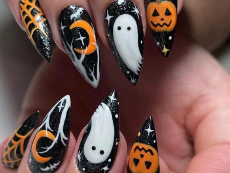 New Halloween Fake Nails Patch Black Almond Coffin Head Artificial Nail Tips Pumpkin Spider Ghost Printed Press on Nail for Girl Cheap