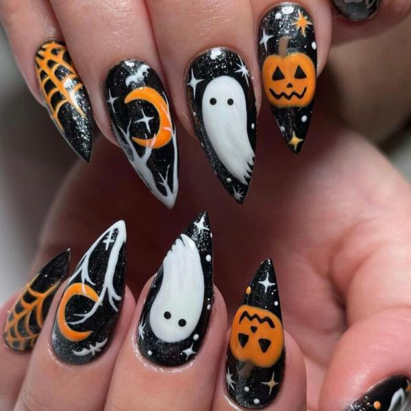 New Halloween Fake Nails Patch Black Almond Coffin Head Artificial Nail Tips Pumpkin Spider Ghost Printed Press on Nail for Girl Cheap