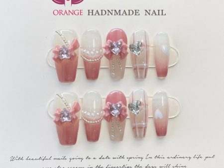 Handmade Korea Press on Nails Coffin Reusable Decoration Fake Nails Full Cover Artificial Manicuree Wearable Orange Nail Store Hot on Sale