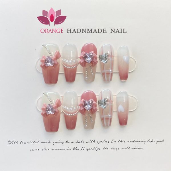 Handmade Korea Press on Nails Coffin Reusable Decoration Fake Nails Full Cover Artificial Manicuree Wearable Orange Nail Store Hot on Sale