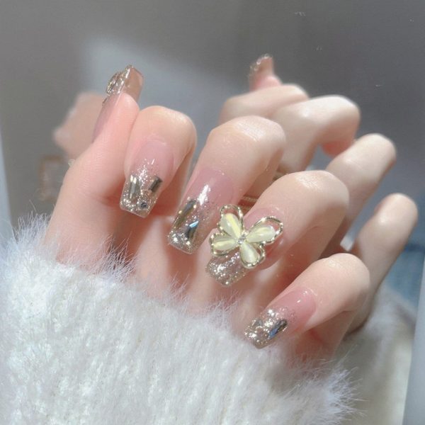 French Style False Nails Glitte Bow Design Fake Nail Patch False Nail Patch Mid Length Coffin Ballerina Acrylic Artificial Nails Supply