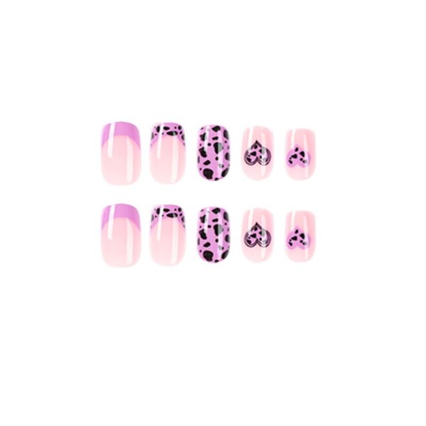 Purple Love Heart Leopard Print Wearable Nail Art Glossy Pink Fake Nails Finished False Nails Short Press on Nails with Glue on Sale