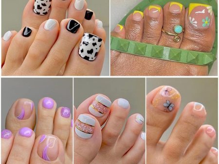 False Toenail 24Pcs Box Toe Nail 3D Glitter Decor Press On Fake Nails With Glue Detachable Square Short Full Cover DIY Nail Tips Fashion