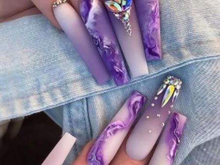 Light Luxury Violet strobe fake nails with glitter diamond press on nails accessories faux ongles long french coffin nail tips Online now