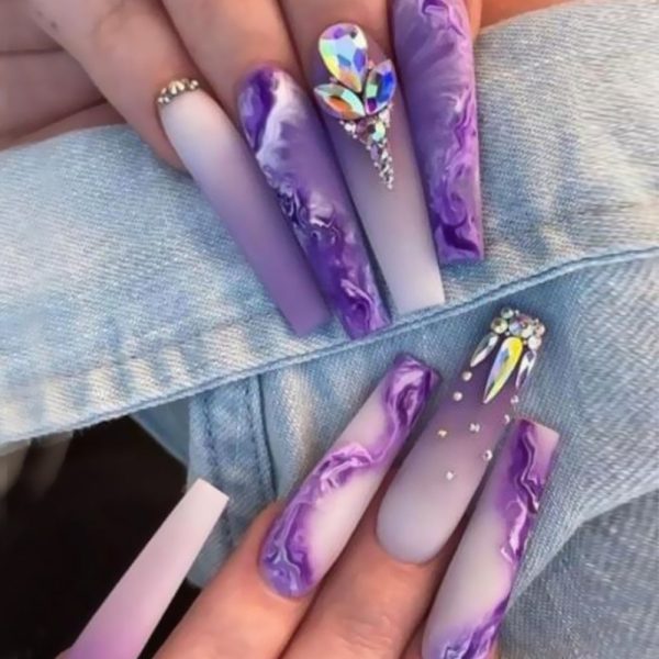 Light Luxury Violet strobe fake nails with glitter diamond press on nails accessories faux ongles long french coffin nail tips Online now