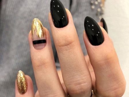 GAM-BELLE Almond Shape False Nails Black Gold Glitter Foil Design Press On Fake Nails Art Extension Tips With Glue Manicure Tool Hot on Sale