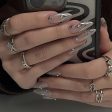 Wearable Silver Stripes Y2k False Nails Long Almond Round Fashion Nail Tips Press On With Silver Beads Designs Fake Nails Art Online Hot Sale