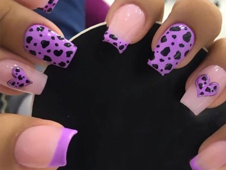 Purple Love Heart Leopard Print Wearable Nail Art Glossy Pink Fake Nails Finished False Nails Short Press on Nails with Glue on Sale