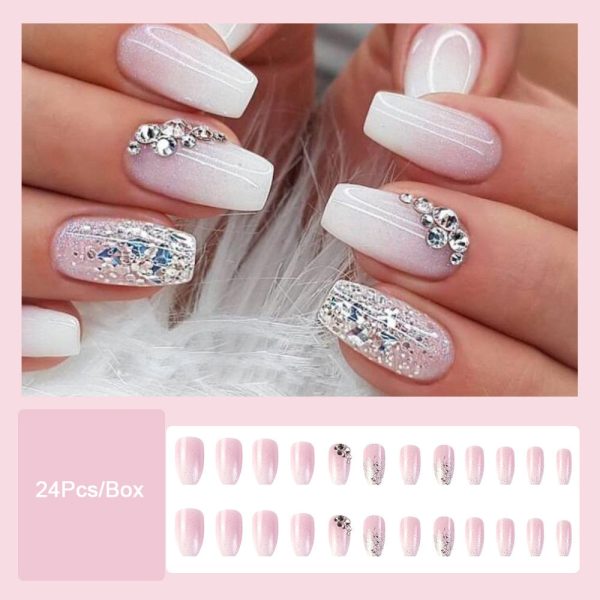 Trendy Gradient Pink False Nail Tips With Designs French Coffin Fake Nails Set Press on Short Ballerina Rhinestones Manicure For Discount