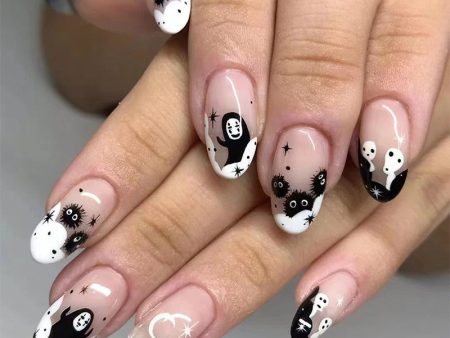 Halloween Press on Fake Nail Set Art Black French Tip Full Cover Coffin Acrylic Short Press-on Pressure False Nails Tips 24pcs Online